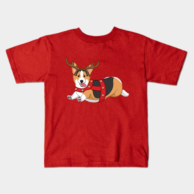 Cute Black & Tan Corgi in Christmas Reindeer Costume Kids T-Shirt by csforest